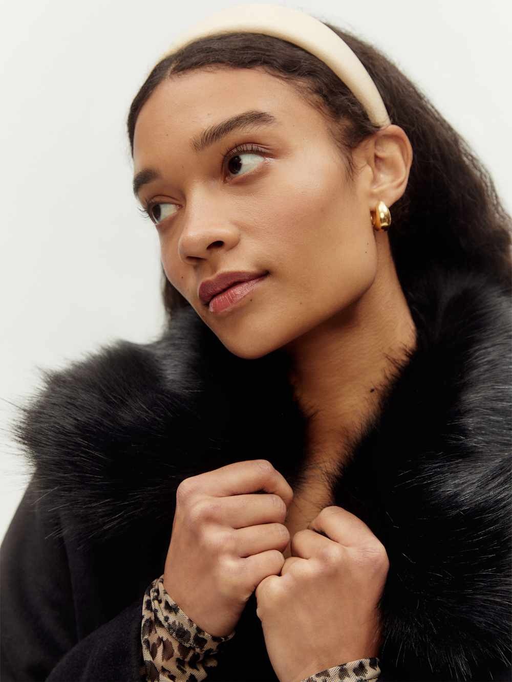 Reformation Black Cropped Pea Coat with Faux Fur Collar